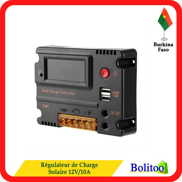 Régulateur De Charge Solaire PWM 10A 12/24V - Protection Surcharge, Court-circuit, Foudre - Pour Installation Photovoltaïque Simple
