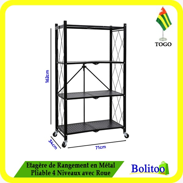 Étagère de Rangement en Métal Pliable 4 Niveaux avec Roue