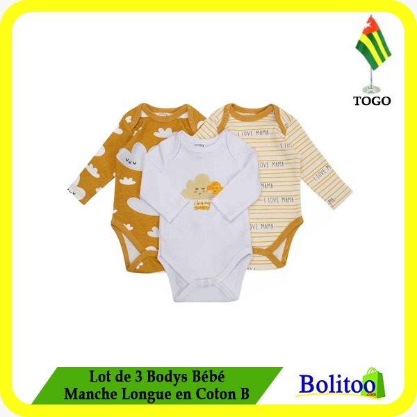 Lot de 3 Bodys Bébé Manche Longue en Coton