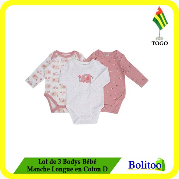 Lot de 3 Bodys Bébé Manche Longue en Coton