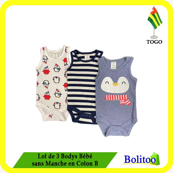 Lot de 3 Bodys Bébé sans Manche en Coton