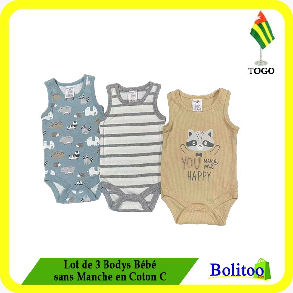 Lot de 3 Bodys Bébé sans Manche en Coton