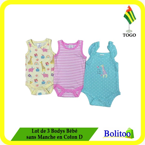 Lot de 3 Bodys Bébé sans Manche en Coton