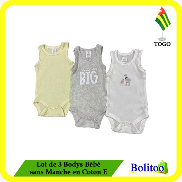 Lot de 3 Bodys Bébé sans Manche en Coton