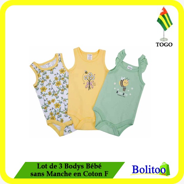 Lot de 3 Bodys Bébé sans Manche en Coton