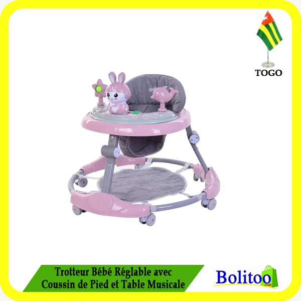 Trotteur bébé Réglable avec Coussin de Pied et Table Musicale