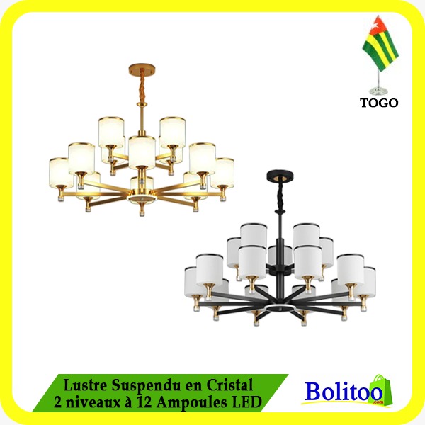 Lustre Suspendu en Cristal 2 niveaux à 12 Ampoules LED