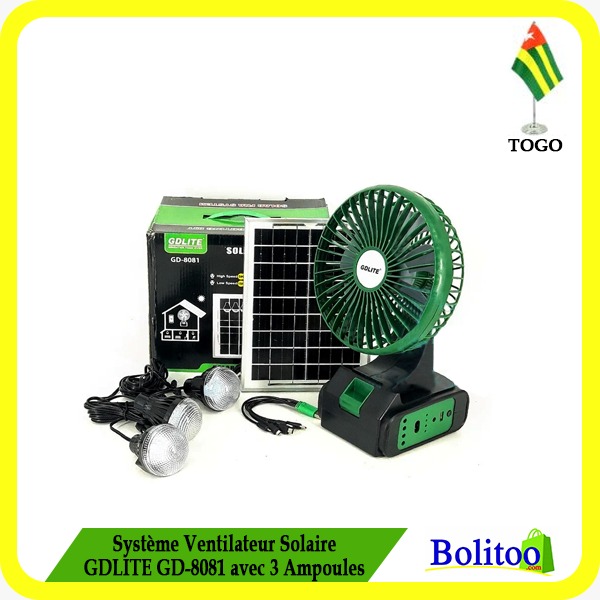 Système Ventilateur Solaire GDLITE GD-8081 avec 3 Ampoules