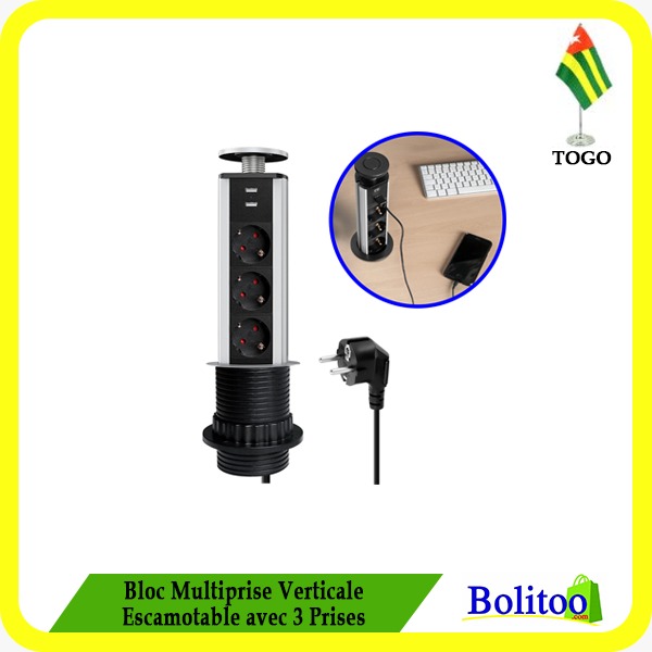 Bloc Multiprise Verticale Escamotable avec 3 Prises