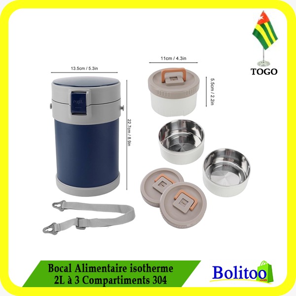 Bocal Alimentaire isotherme 2L à 3 Compartiments 304