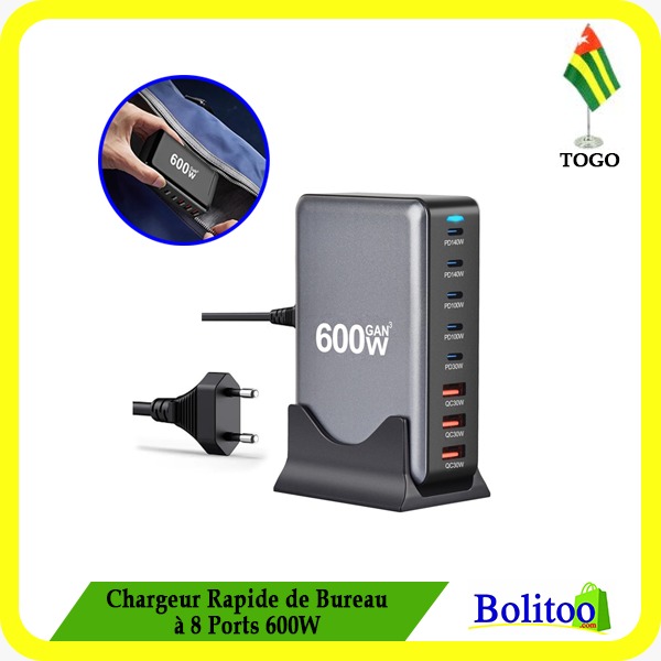 Chargeur Rapide de Bureau à 8 Ports 600W
