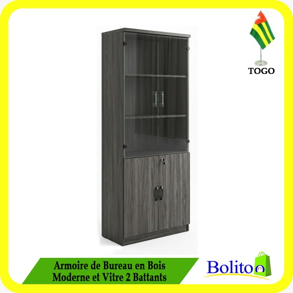 Armoire de Bureau en Bois Moderne et Vitre 2 Bantants