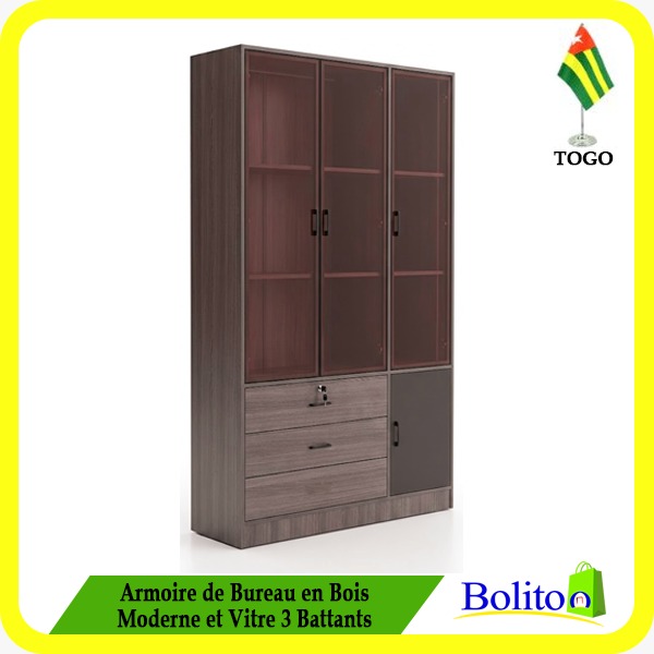 Armoire de Bureau en Bois Moderne et Vitre 3 Bantants