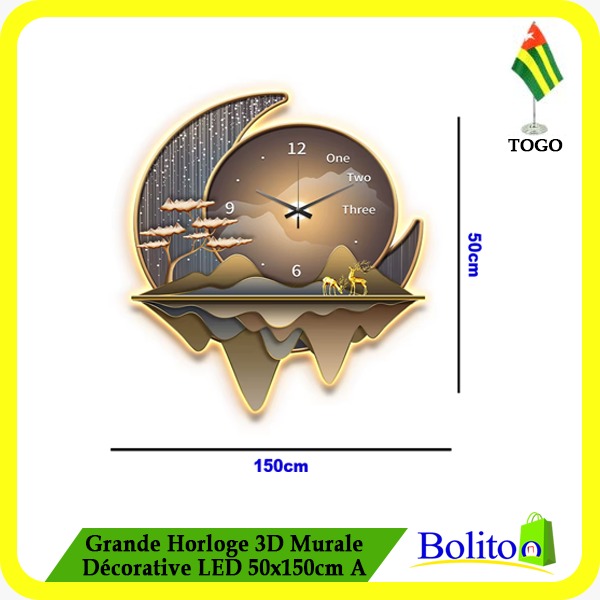 Grande Horloge 3D Murale Décorative LED 50x150cm